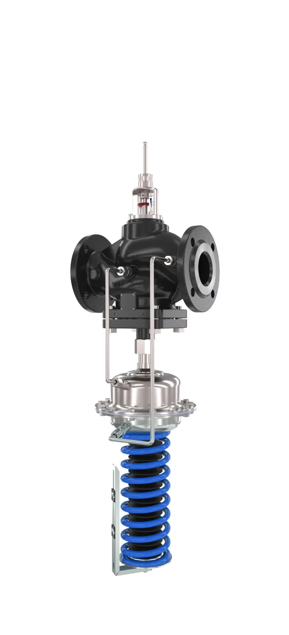 Danfoss Regelventil mit blauem Federmechanismus, schwarzen Kunststoffteilen und einer Verbindung für Druckleitungen, zur automatischen Steuerung von Durchfluss in Rohrsystemen.